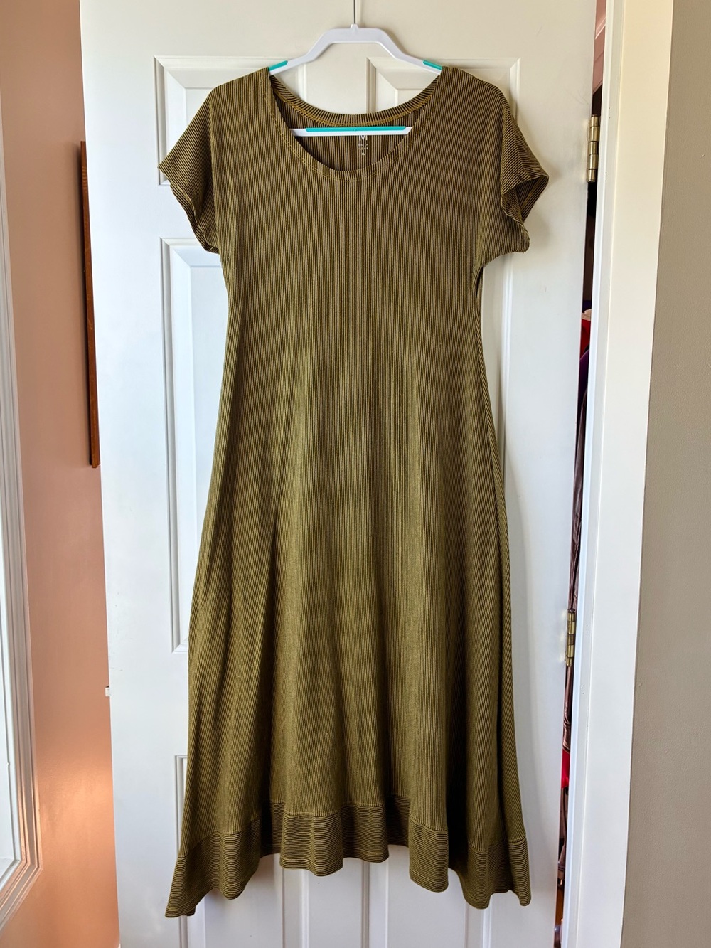 Matthildur Maxi Dress Short Sleeve Vertical Stripes  Olive Black Size XL